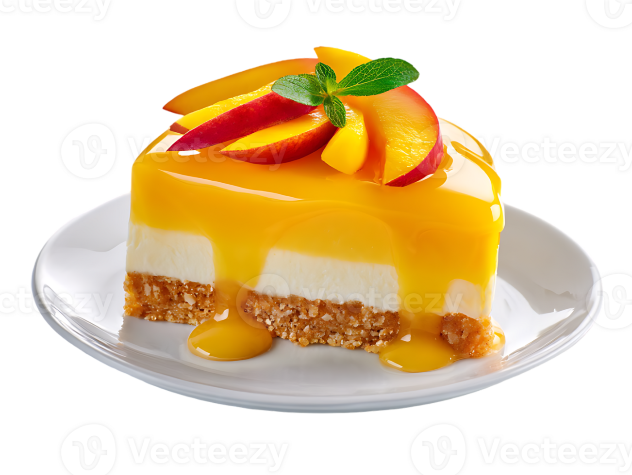 Delicious peach cheesecake slice topped with mango glaze and fresh mint png