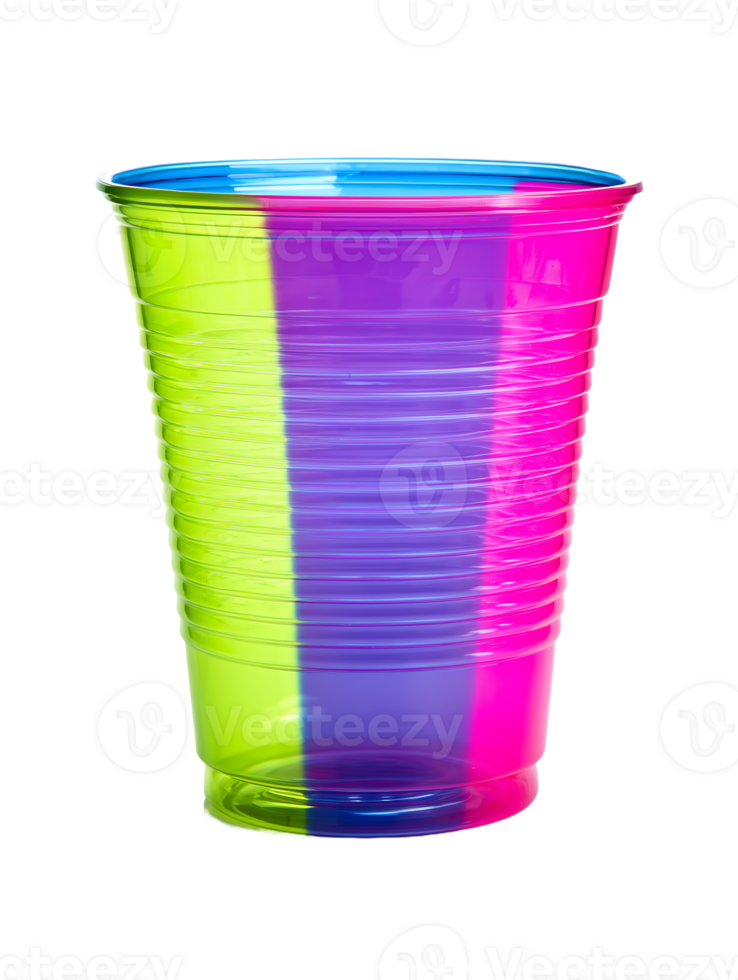 Colorful plastic cup vibrant neon green purple pink blue hues party supplies png