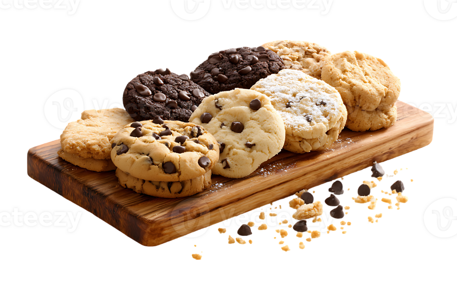 Assorted cookies on a wooden board delicious treats bakery sweets chocolate chip sugar cookies png