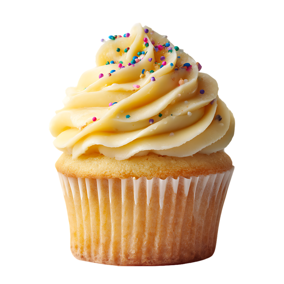 Delicious vanilla cupcake topped with swirls of frosting and colorful sprinkles png