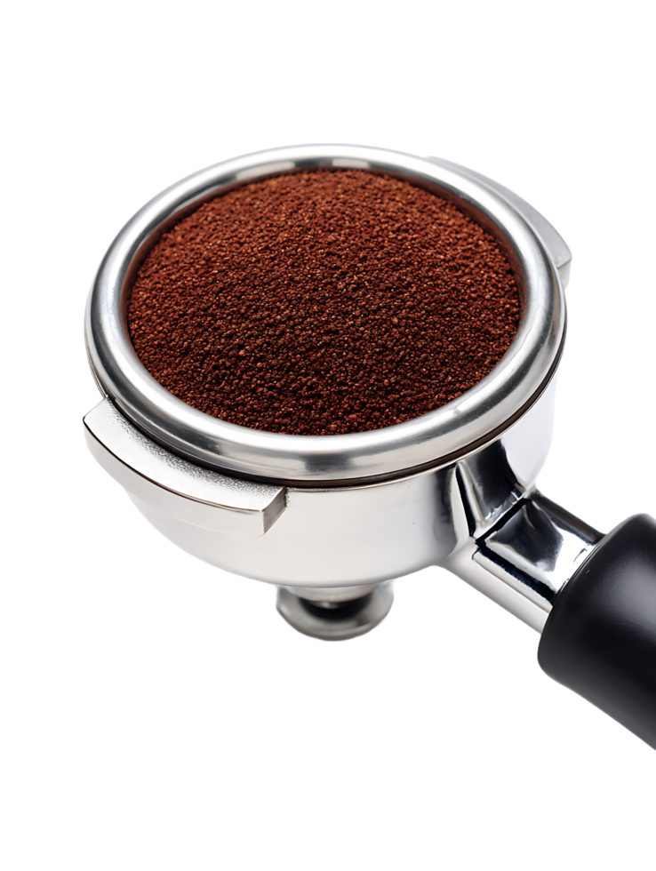 Ground coffee in portafilter ready for espresso brewing png