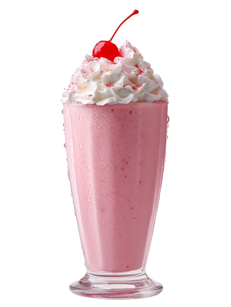Pink milkshake with whipped cream and cherry on top refreshing summer treat png
