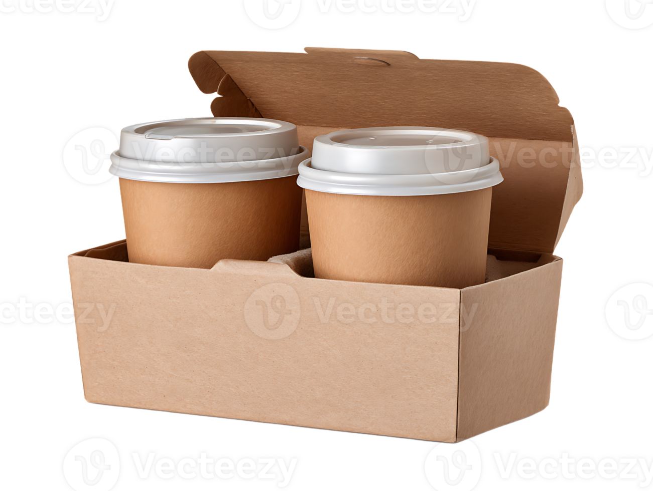 Two coffee cups in a cardboard takeout box ready for delivery png
