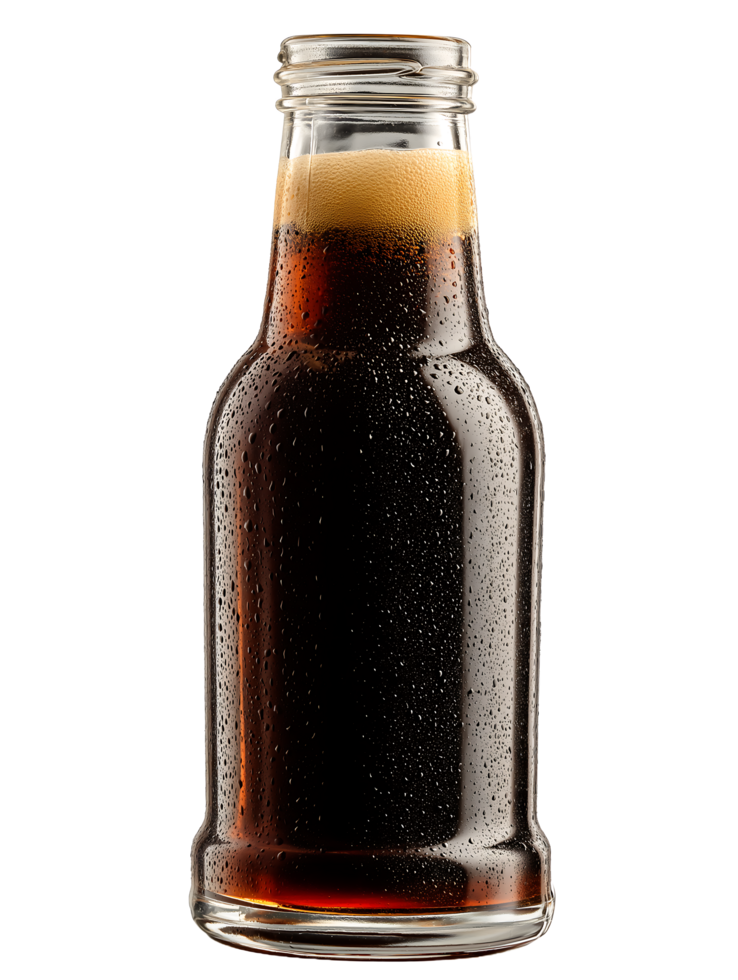 Cold dark beverage in a glass bottle with condensation png