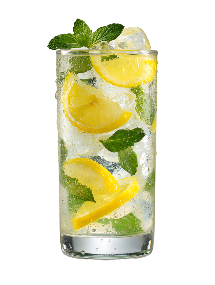 Refreshing lemon mint drink in a glass with ice png