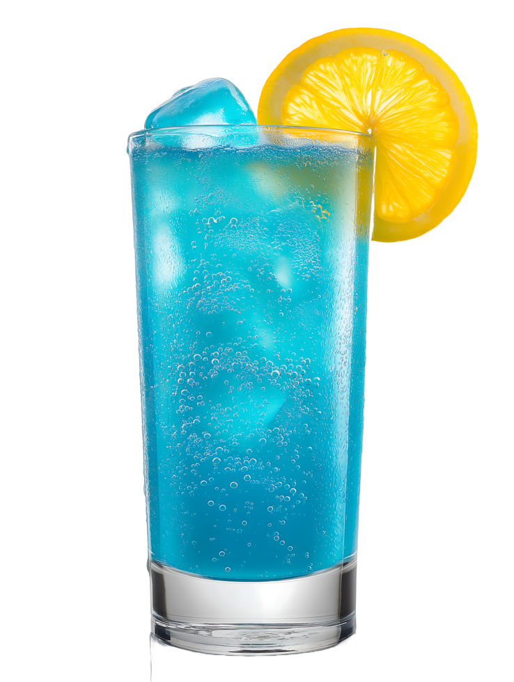 Refreshing blue drink with ice and lemon slice in a tall glass png