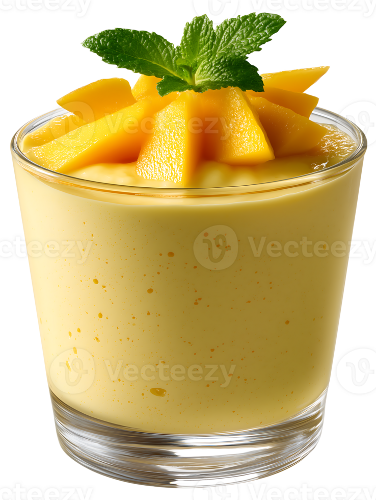 Delicious mango dessert in a glass topped with fresh mint png
