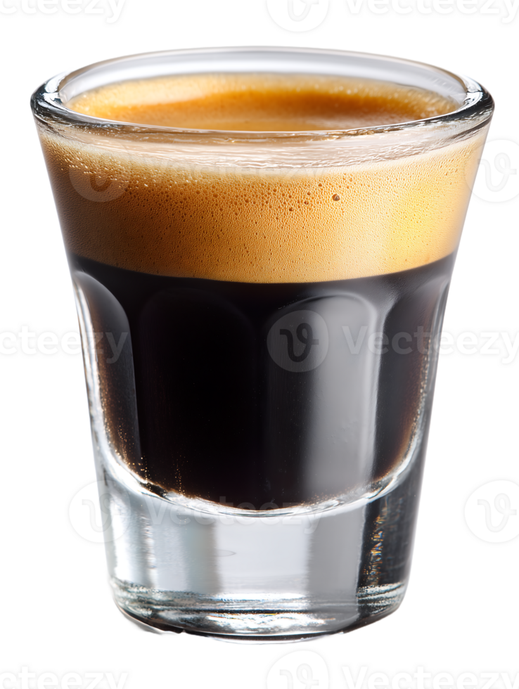 Espresso shot in a clear glass a rich dark brew with a light tan crema on top png