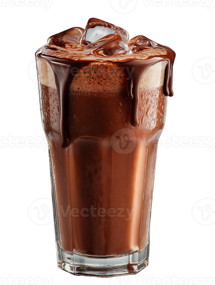 Iced chocolate drink with melting chocolate topping and ice cubes in a glass png