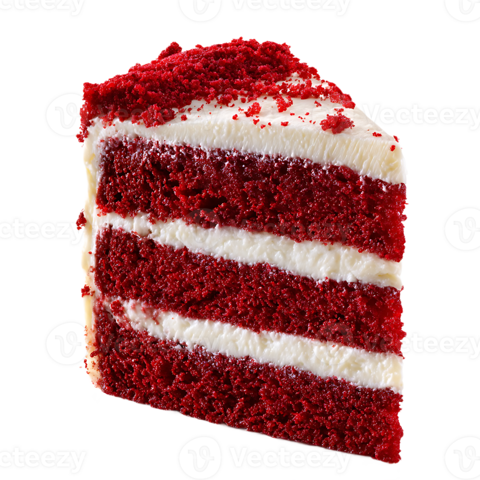 Delicious red velvet cake slice layered with creamy frosting and red crumbs on top png