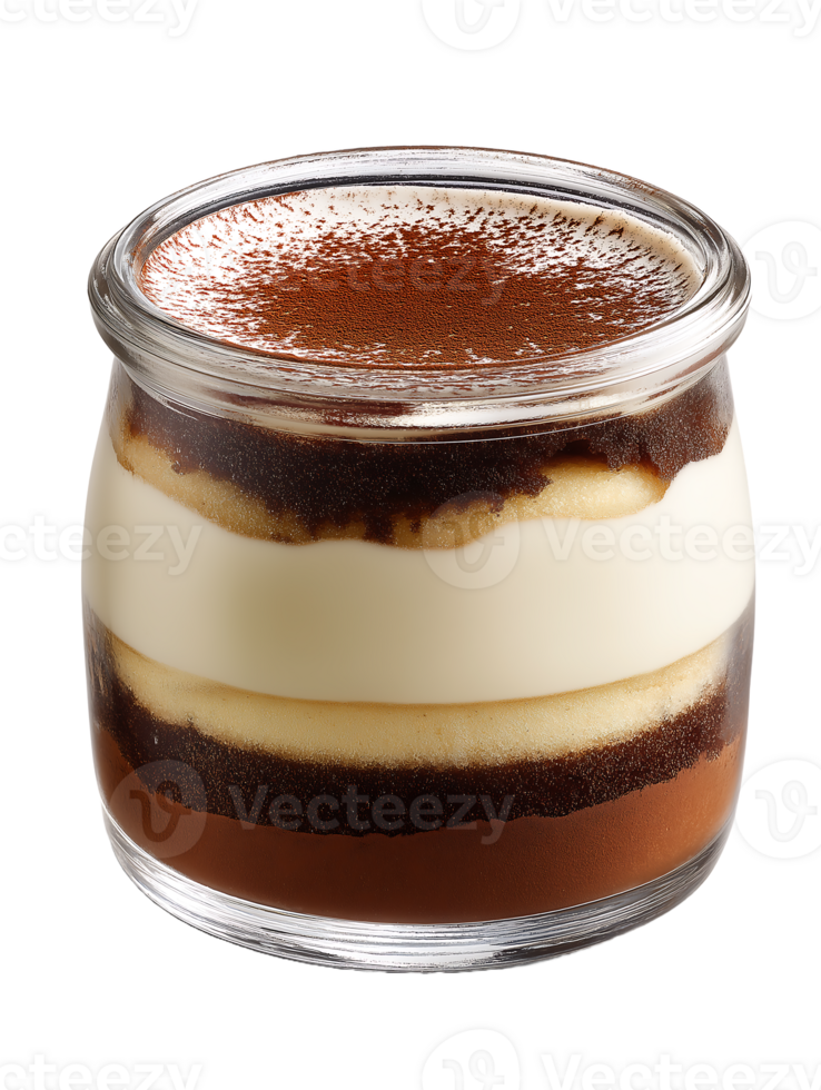 Delicious layered dessert in a glass cocoa powder topping creamy layers png