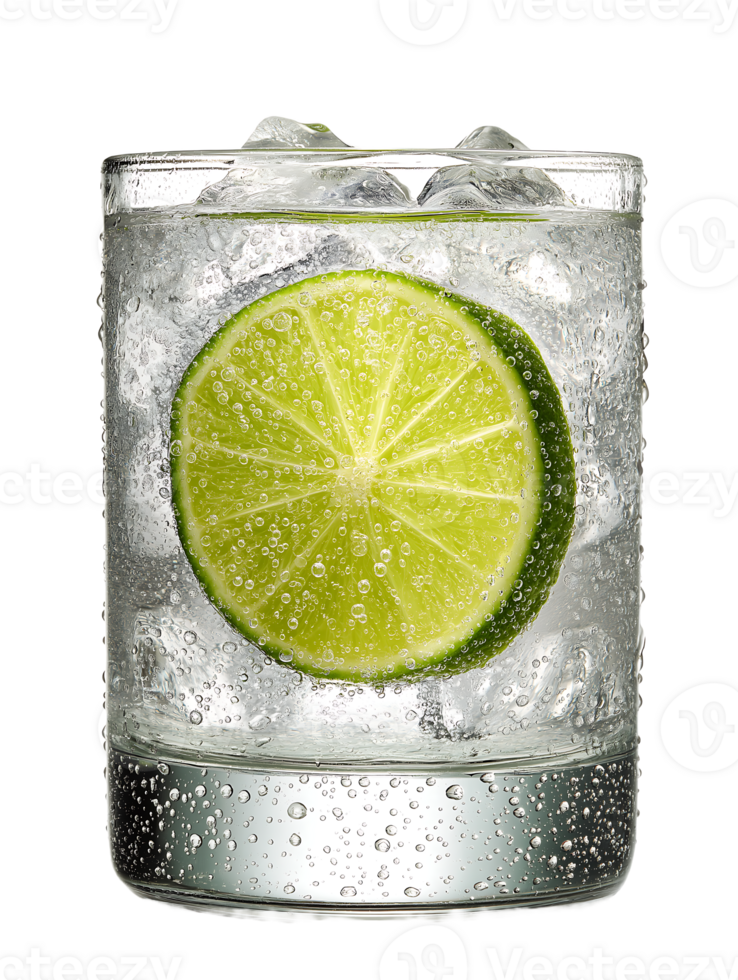Refreshing lime and ice in a glass of bubbly water png