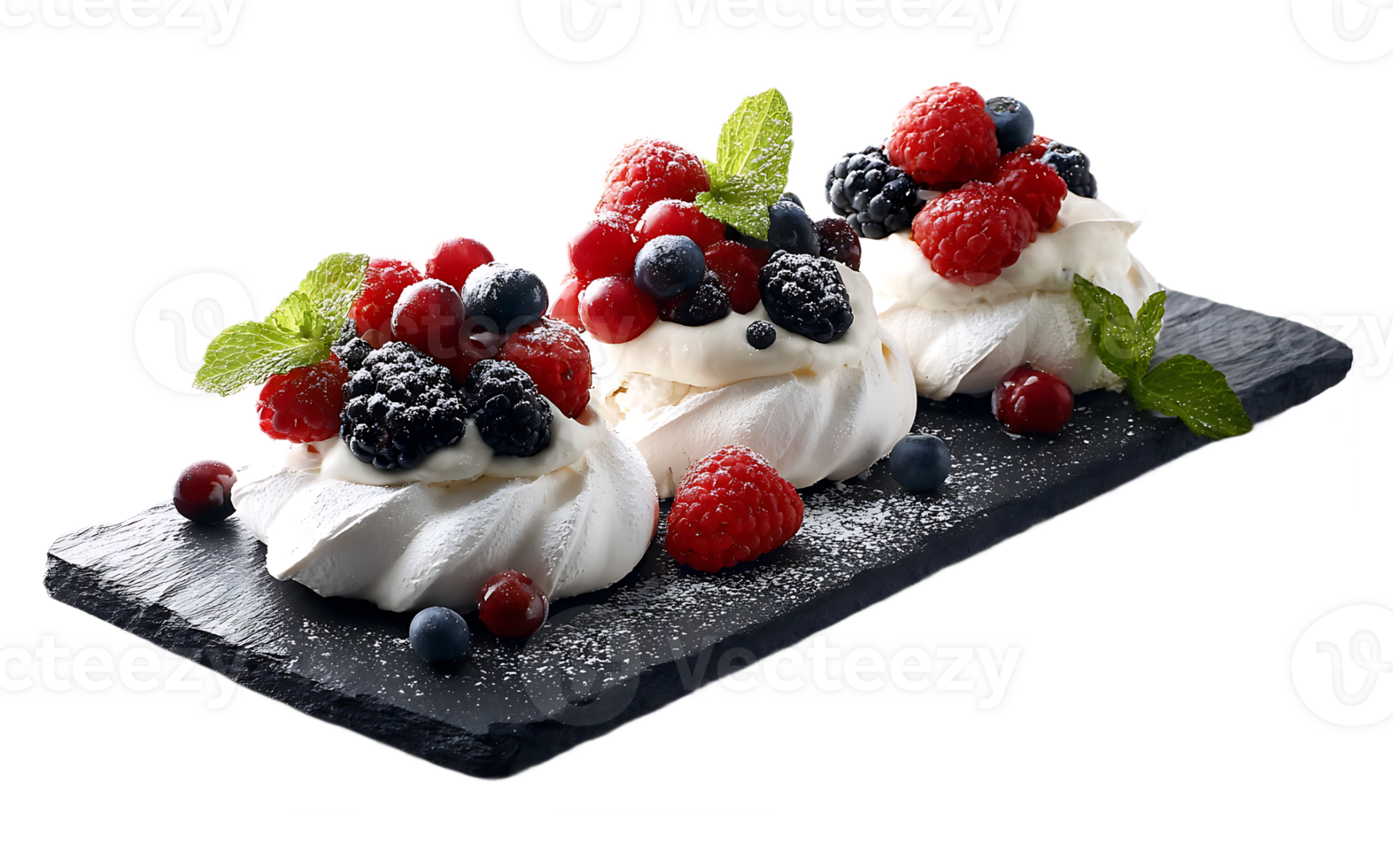 Delicious meringue nests topped with fresh berries and mint on a dark slate plate png
