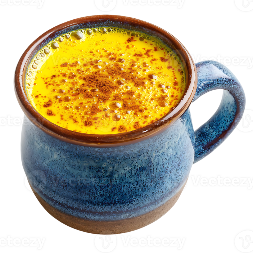Golden milk in a blue mug topped with cinnamon spice a warming beverage png