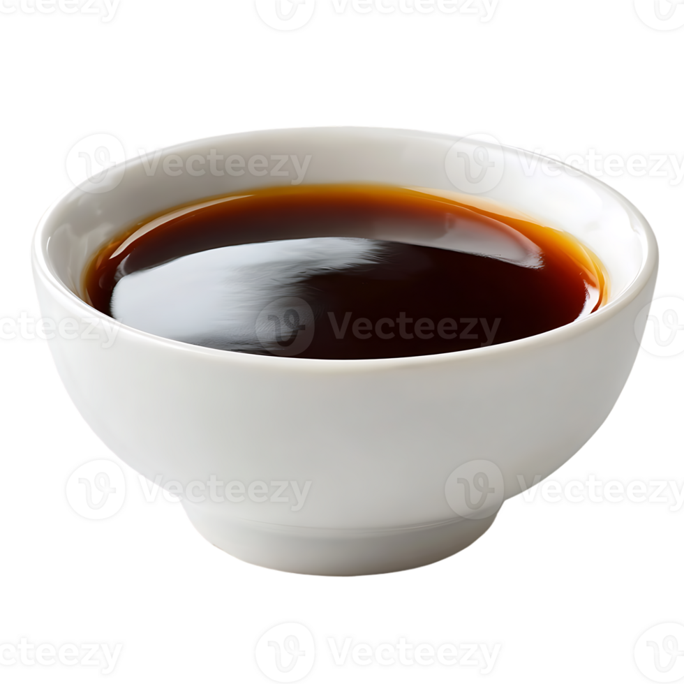 Dark brown sauce in a small white bowl a culinary image png