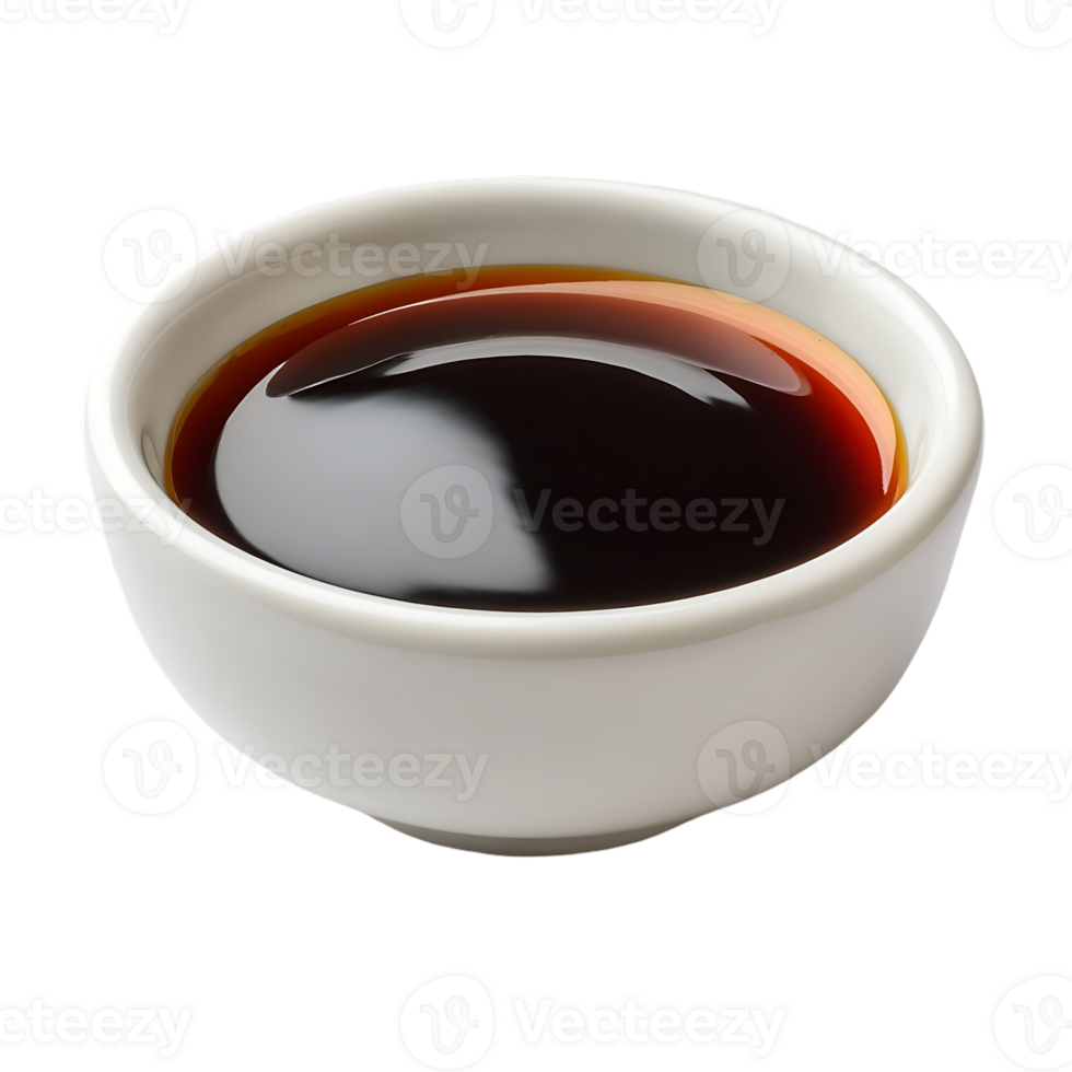 Dark sauce in a small white bowl png