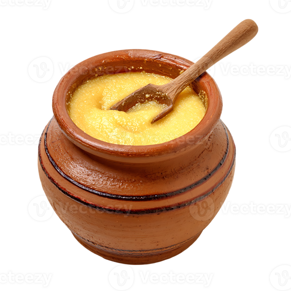 Yellow ghee in a clay pot with a wooden spoon png