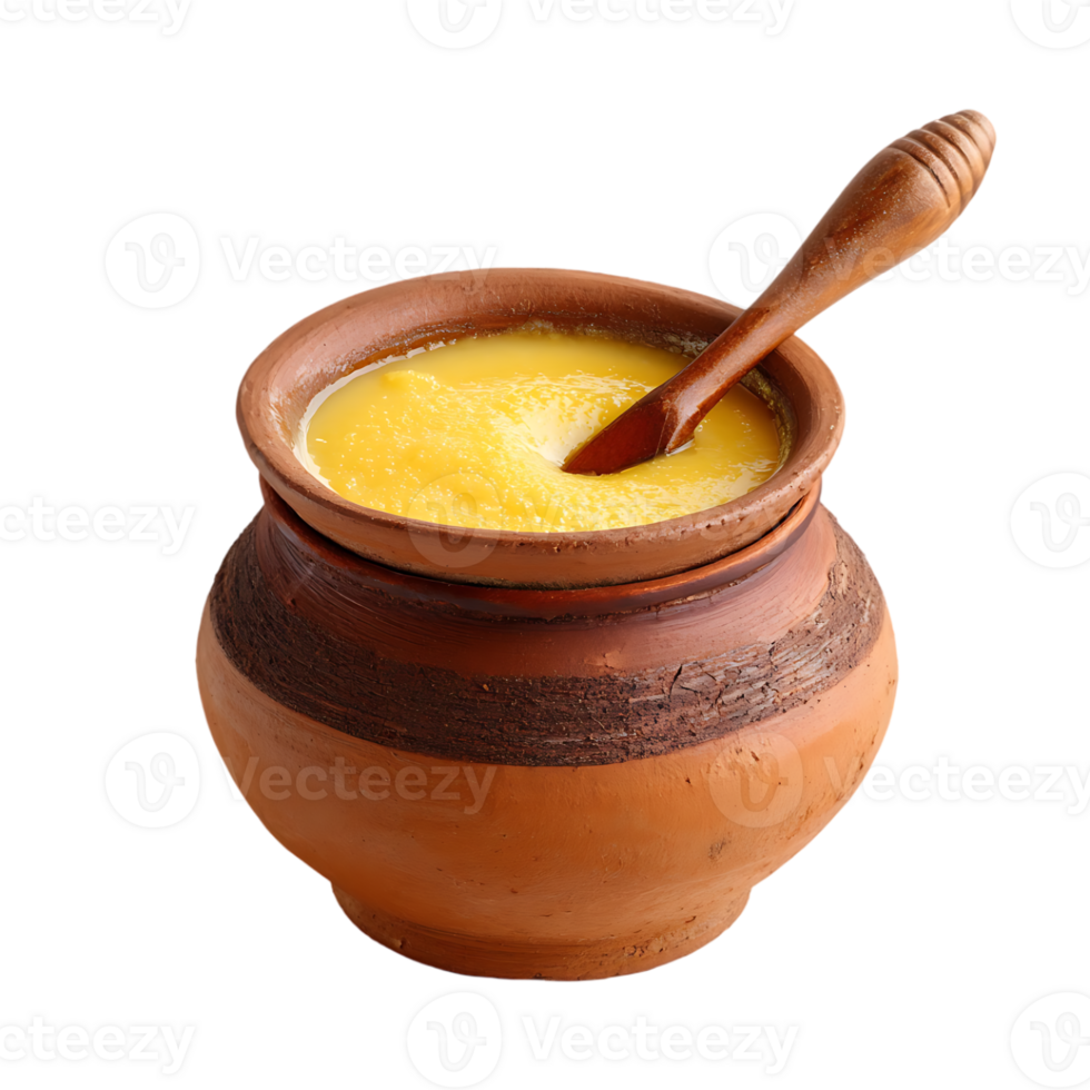 Clarified butter in a clay pot a wooden spoon rests inside png