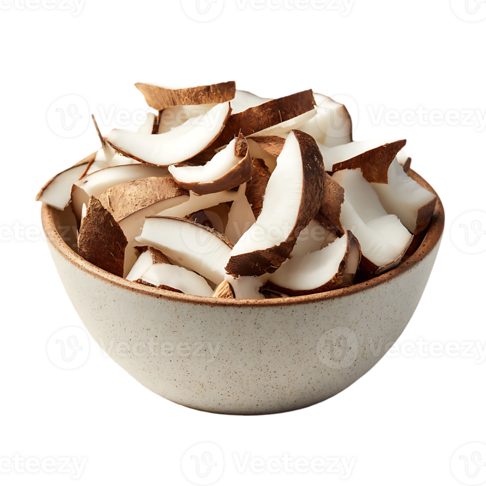 Fresh coconut pieces in a bowl ready for cooking or snacking a healthy tropical treat png