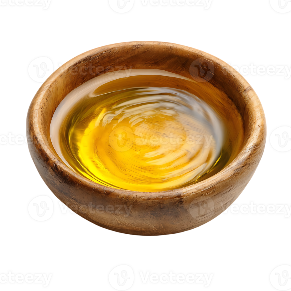 Golden oil in a wooden bowl swirls visible top view png