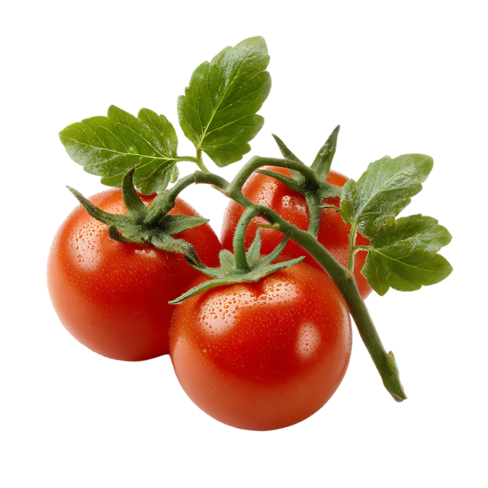 Three juicy red tomatoes on the vine with green leaves fresh from the garden png