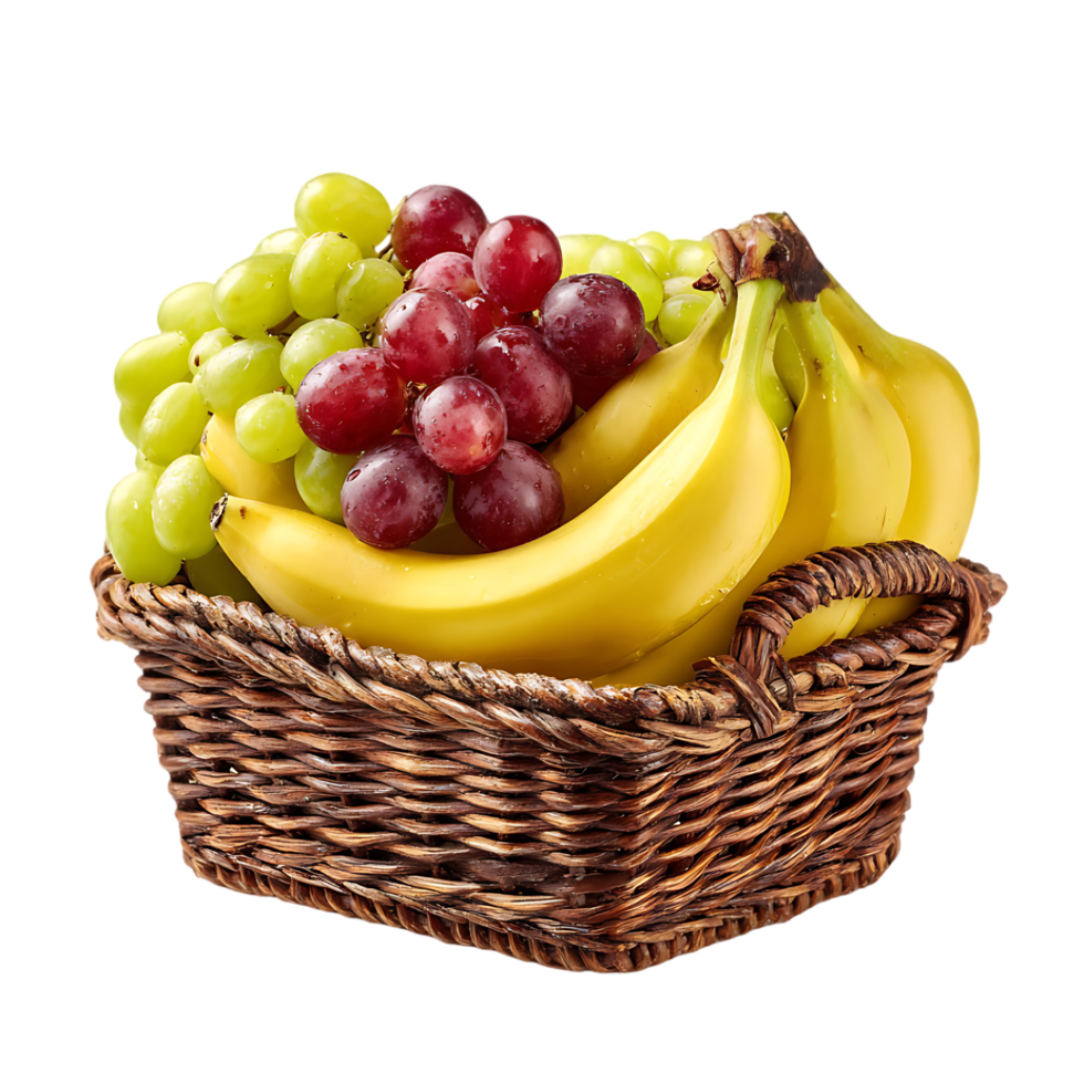 A wicker basket filled with ripe bananas green grapes and red grapes png