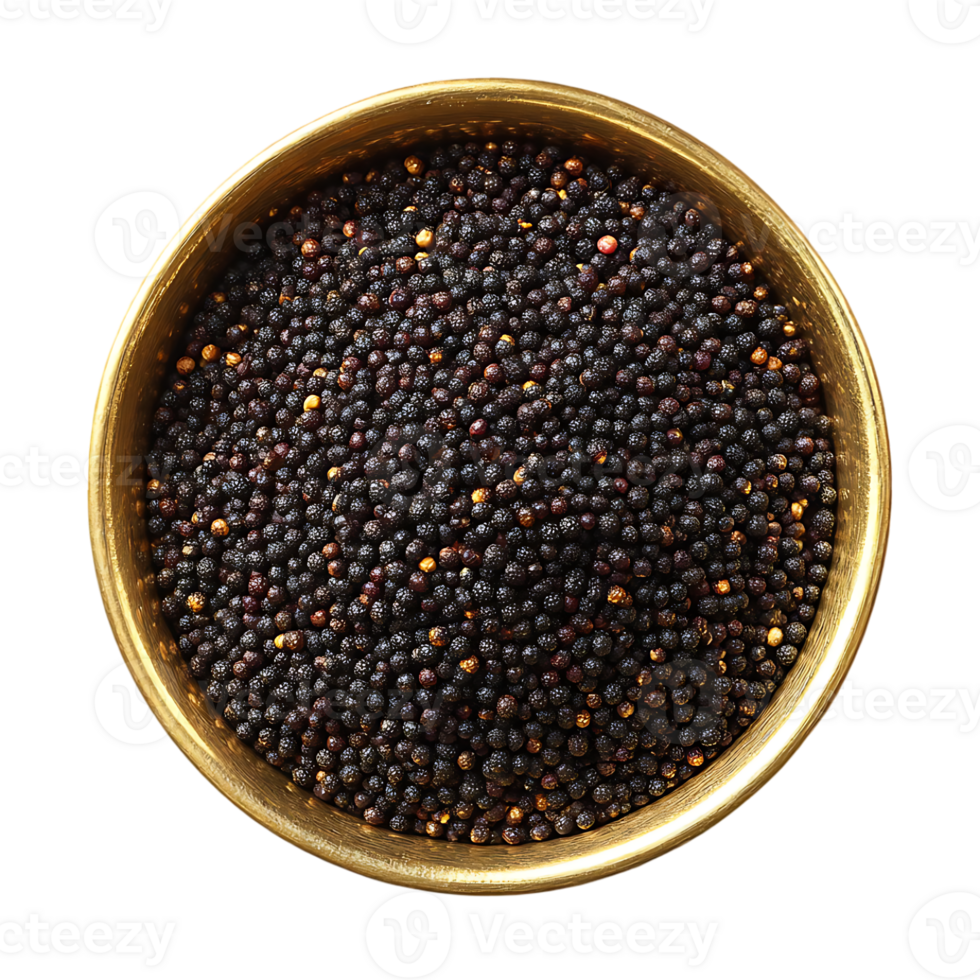 Black peppercorns in a golden bowl overhead view png