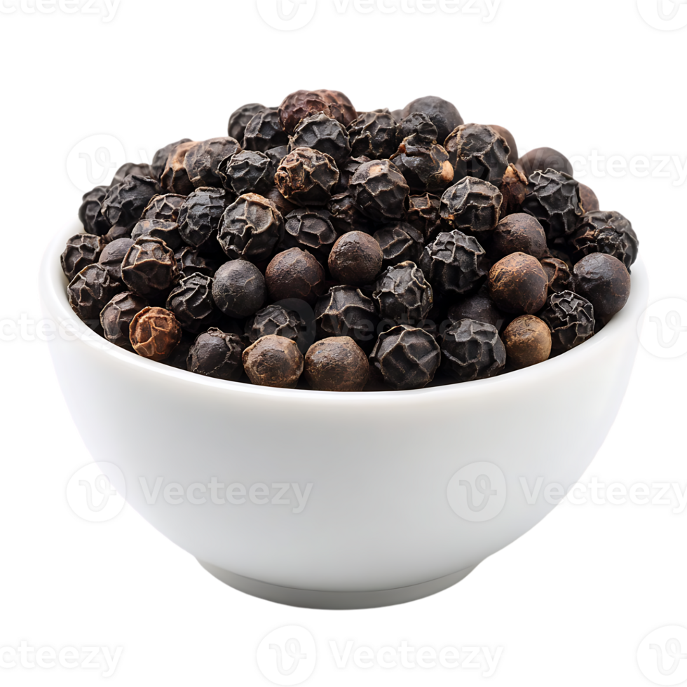 Black peppercorns in a white bowl a spice closeup png