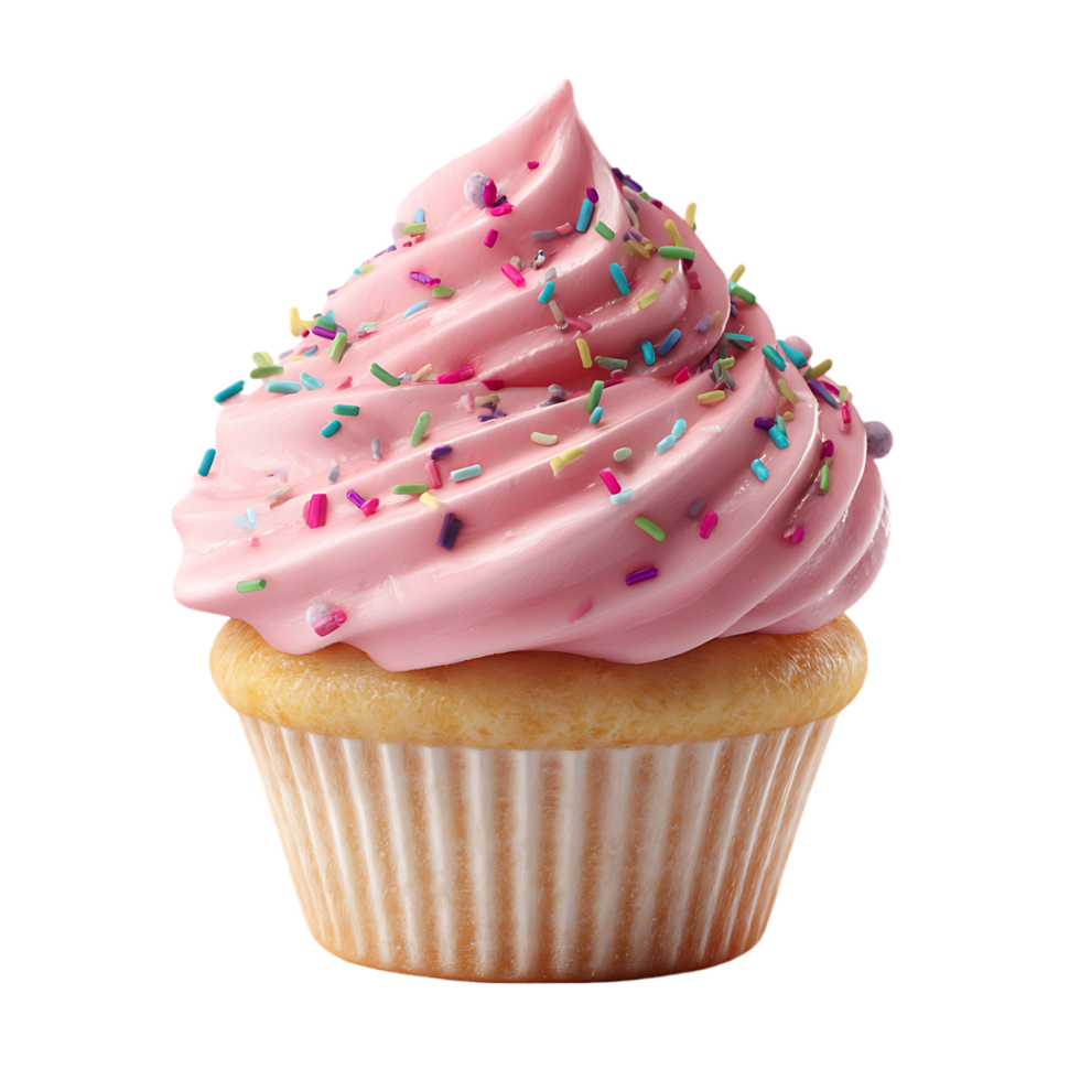 Pink cupcake with swirl frosting and colorful sprinkles delicious treat png