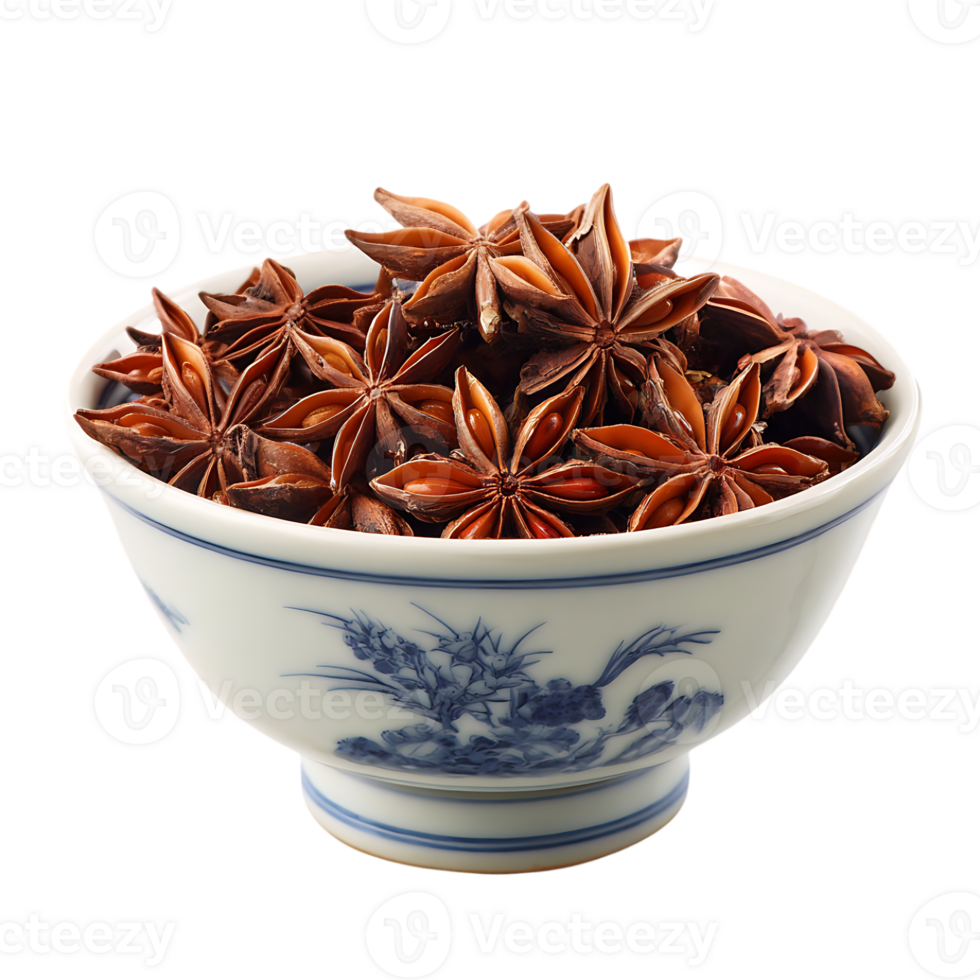 Star anise spice in a blue and white bowl a fragrant culinary ingredient png