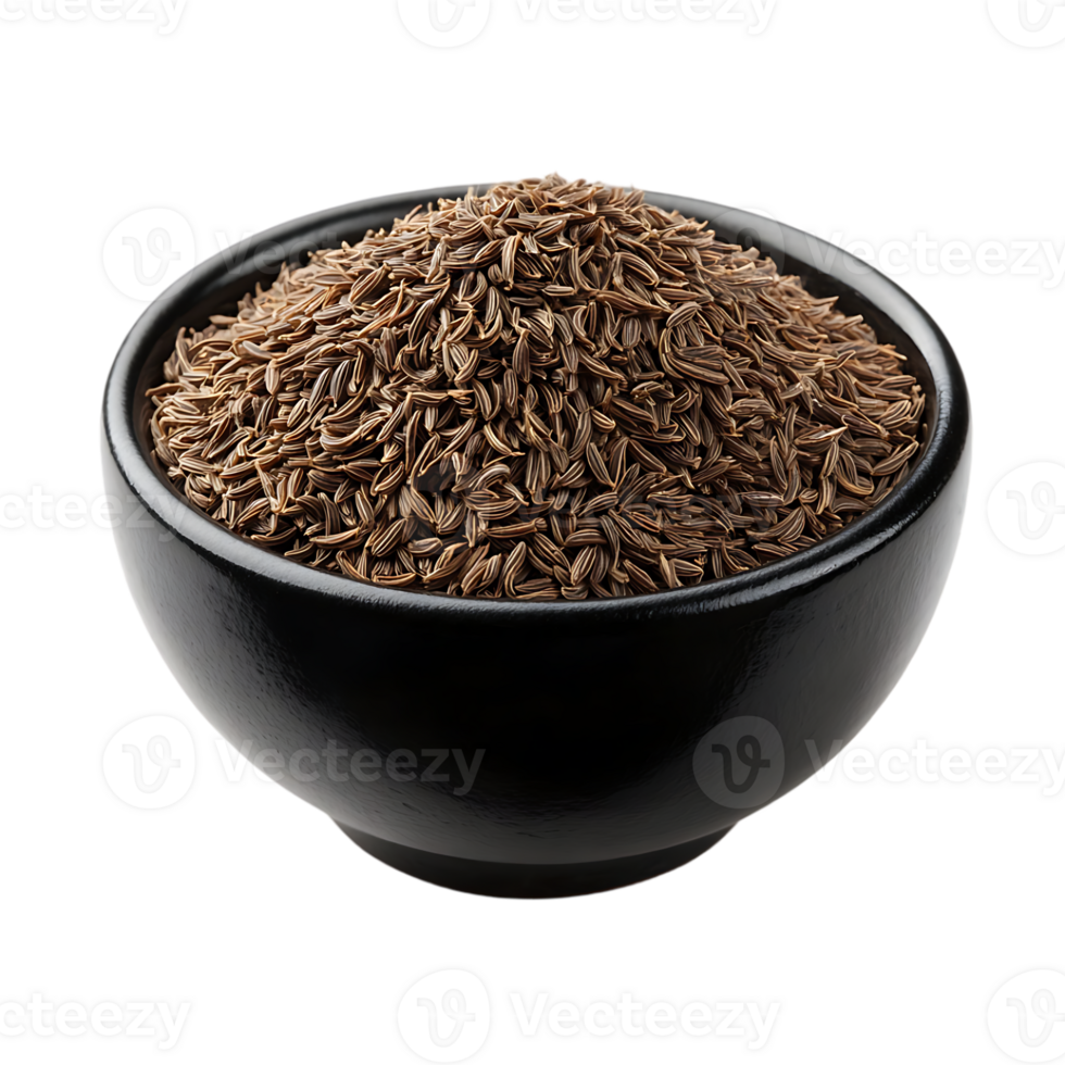 Caraway seeds in a dark bowl a close up view showing the texture and color of the spice png