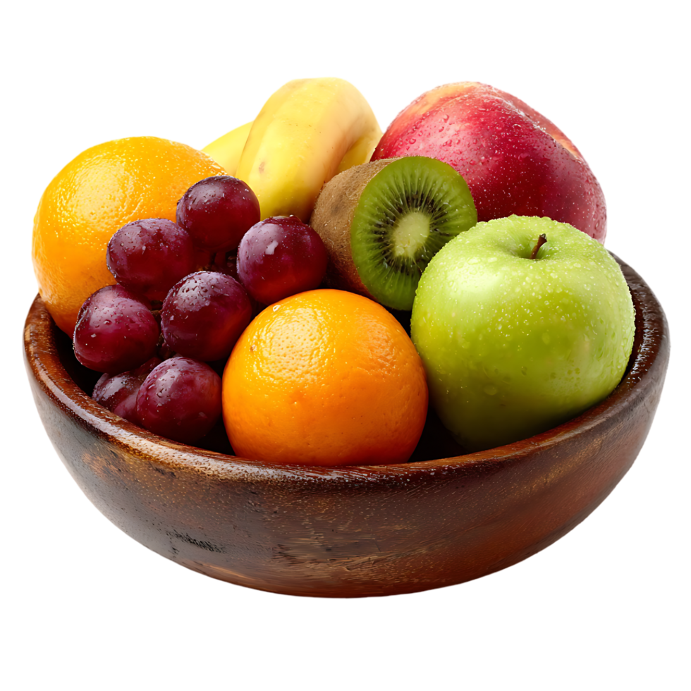 Fresh fruit bowl oranges apples grapes kiwi banana healthy eating png