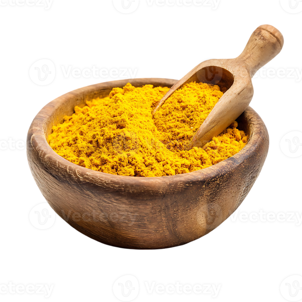 Yellow spice powder in wooden bowl with scoop png