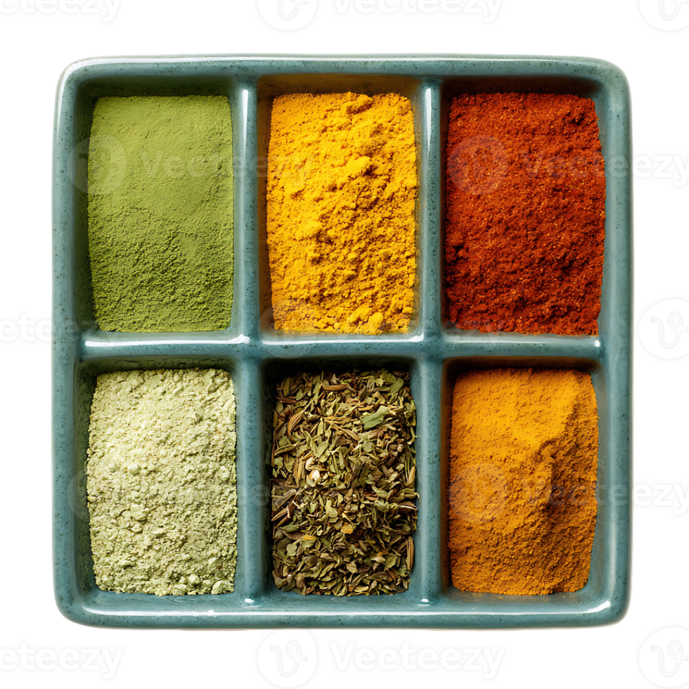Assorted spices in a divided dish ready for cooking png