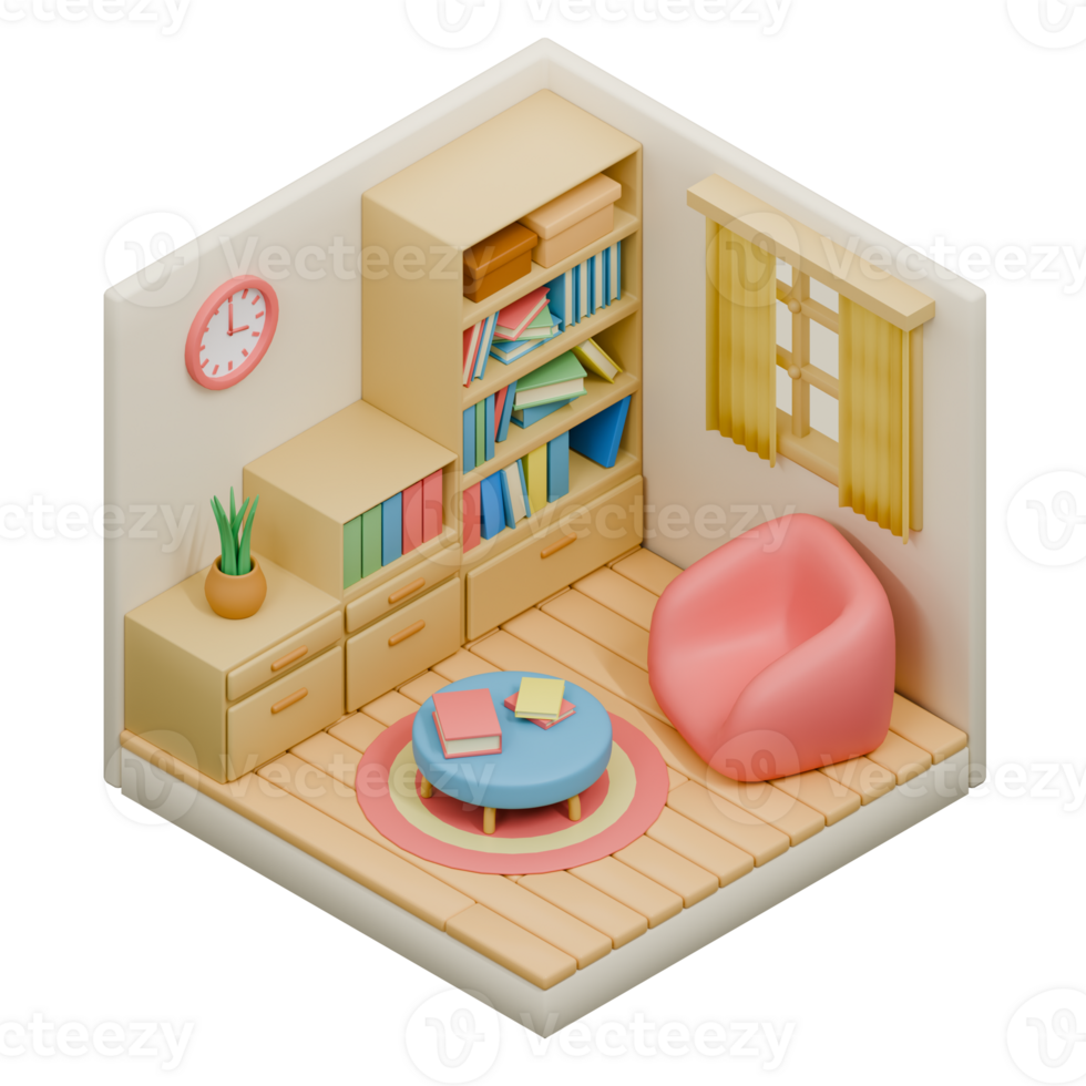 3D Render Isometric Low Poly Study Room png
