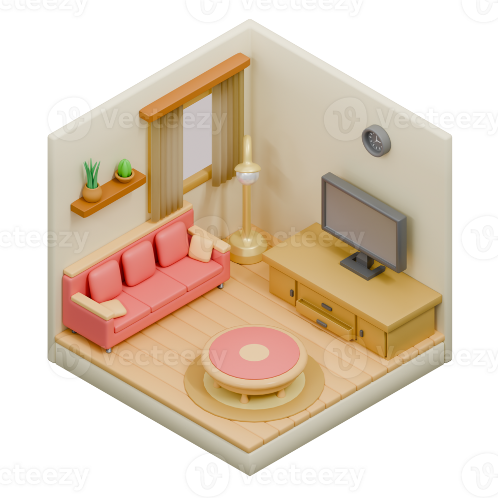 3D Render Isometric Low Poly Living Room png