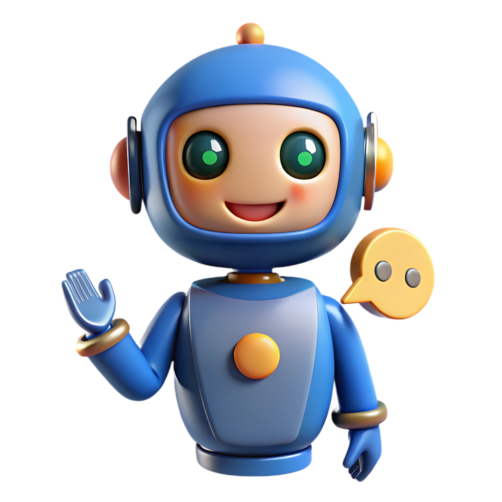 Friendly blue robot waving with speech bubble png