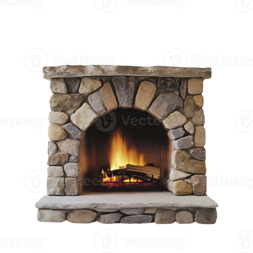 Stone fireplace with burning logs on transparent background png