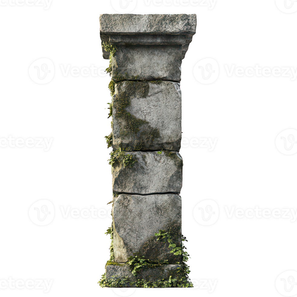 Stone column with plants growing on it on transparent background png