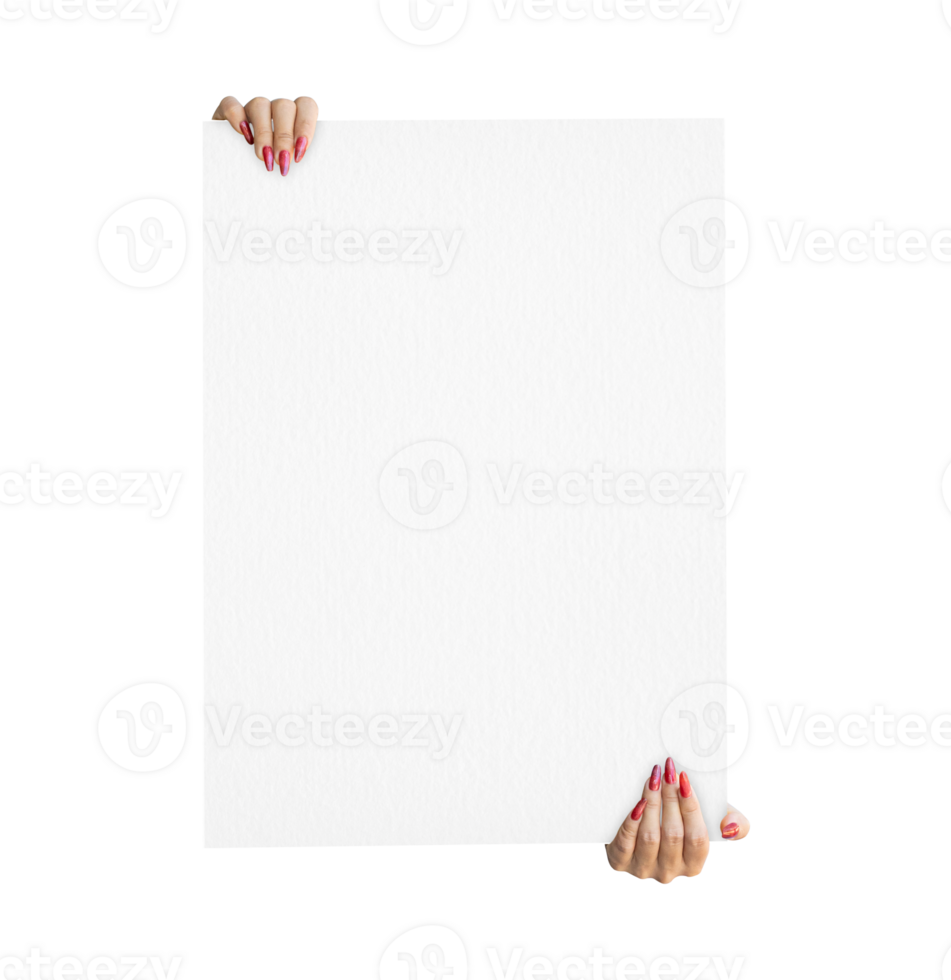 Female hand show white blank paper isolated on transparent background - format png