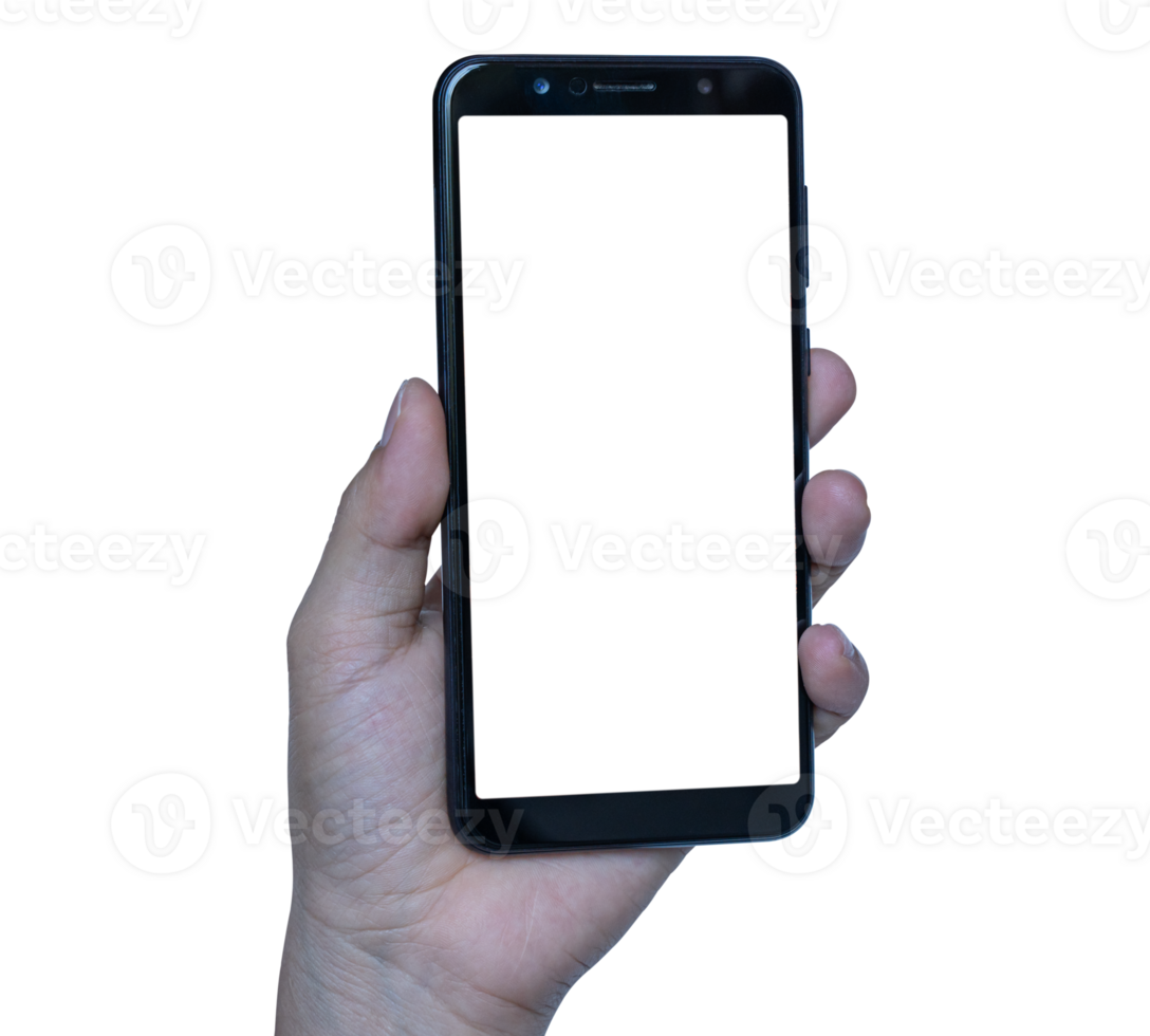 Hand holding mobile phone isolated on transparent background, File png