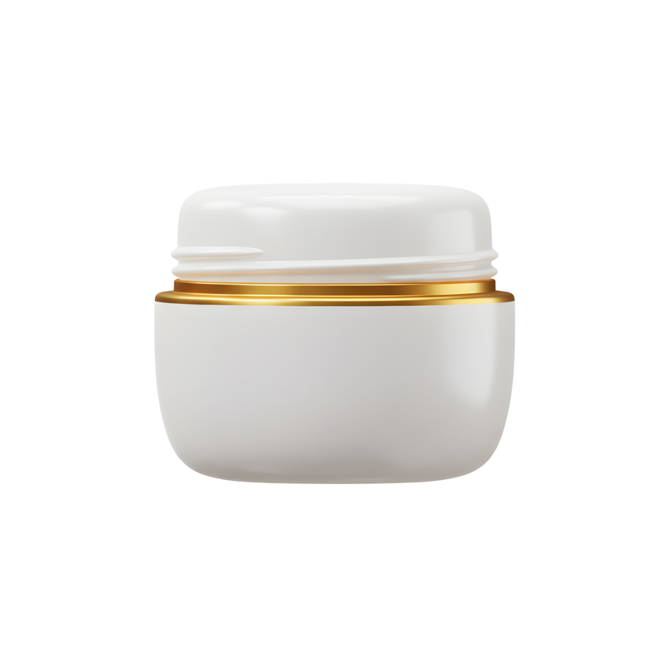 A white plastic jar with a gold trim is presented on a white background, commonly utilized to package cream or lotion. png