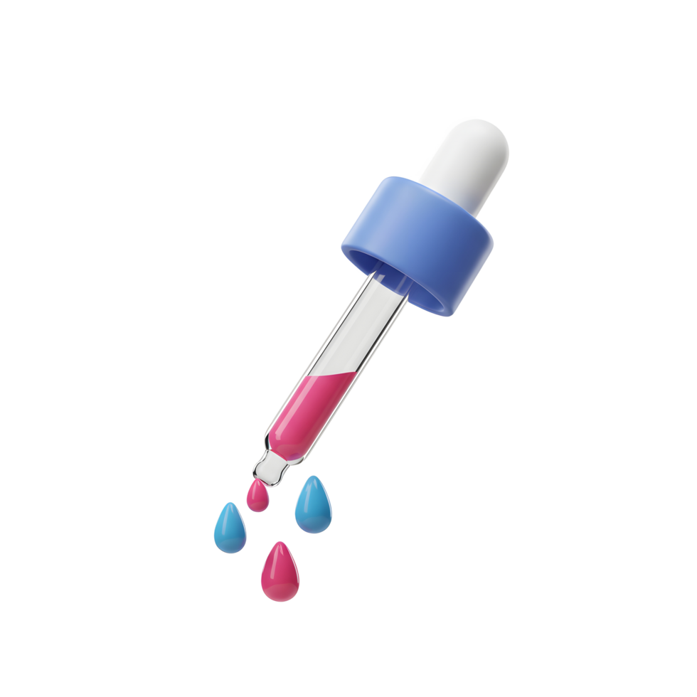 A 3D render shows a dropper with liquid, with droplets falling, suitable for use in illustrating concepts of dispensing, measuring, or precision application. png
