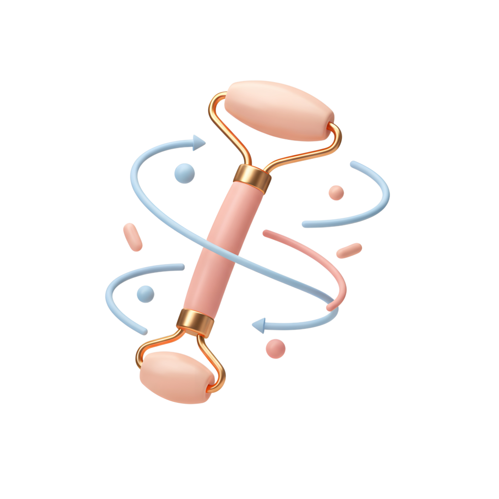 This pink facial roller is decorated with arrows and geometric shapes, typically used to massage the face. png