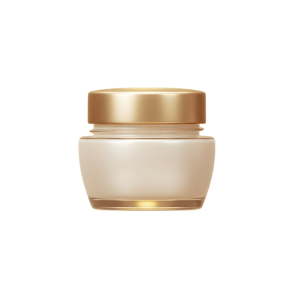 A beige cream is presented in a sleek jar with a golden cap, suggesting a product used for beauty and skincare. png