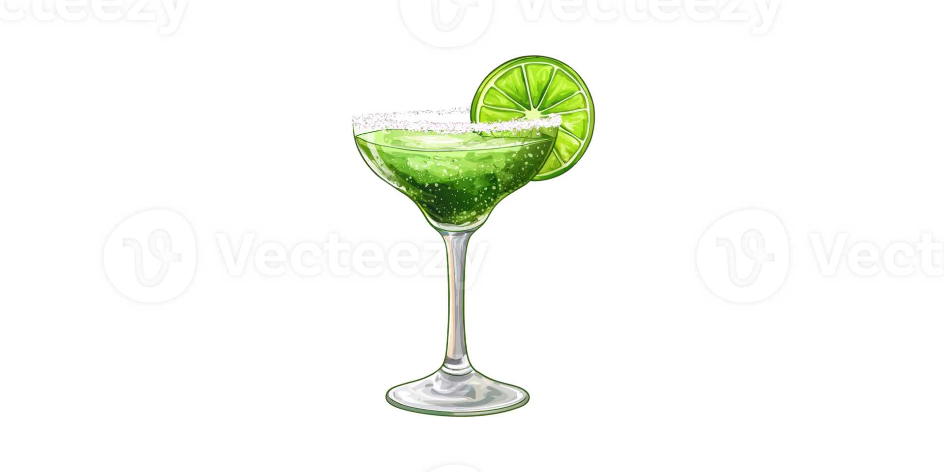 Green margarita cocktail with lime slice and salted rim in glass isolated on transparent background png
