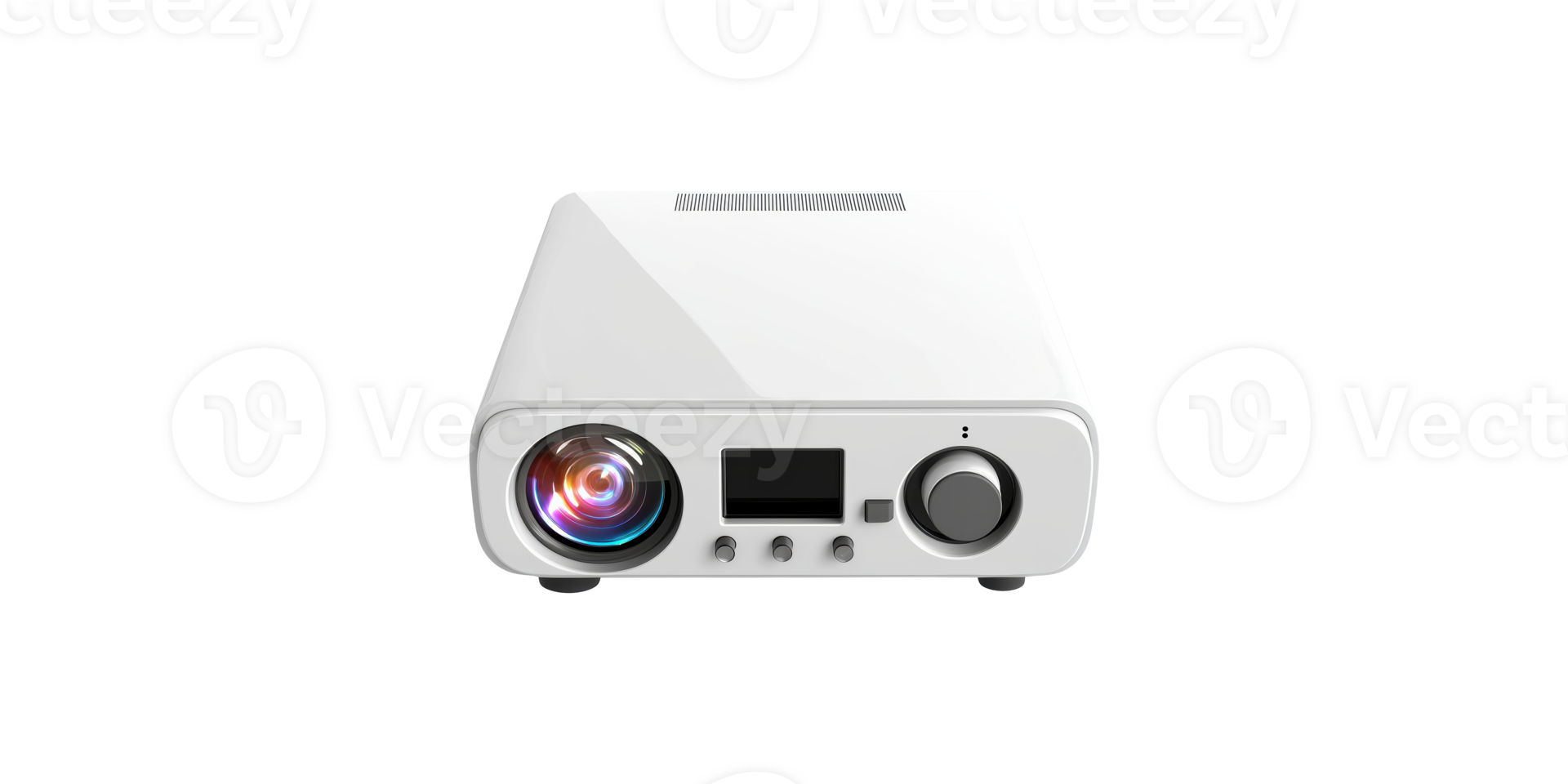 White home theater projector with colorful lens and control panel isolated on transparent background png