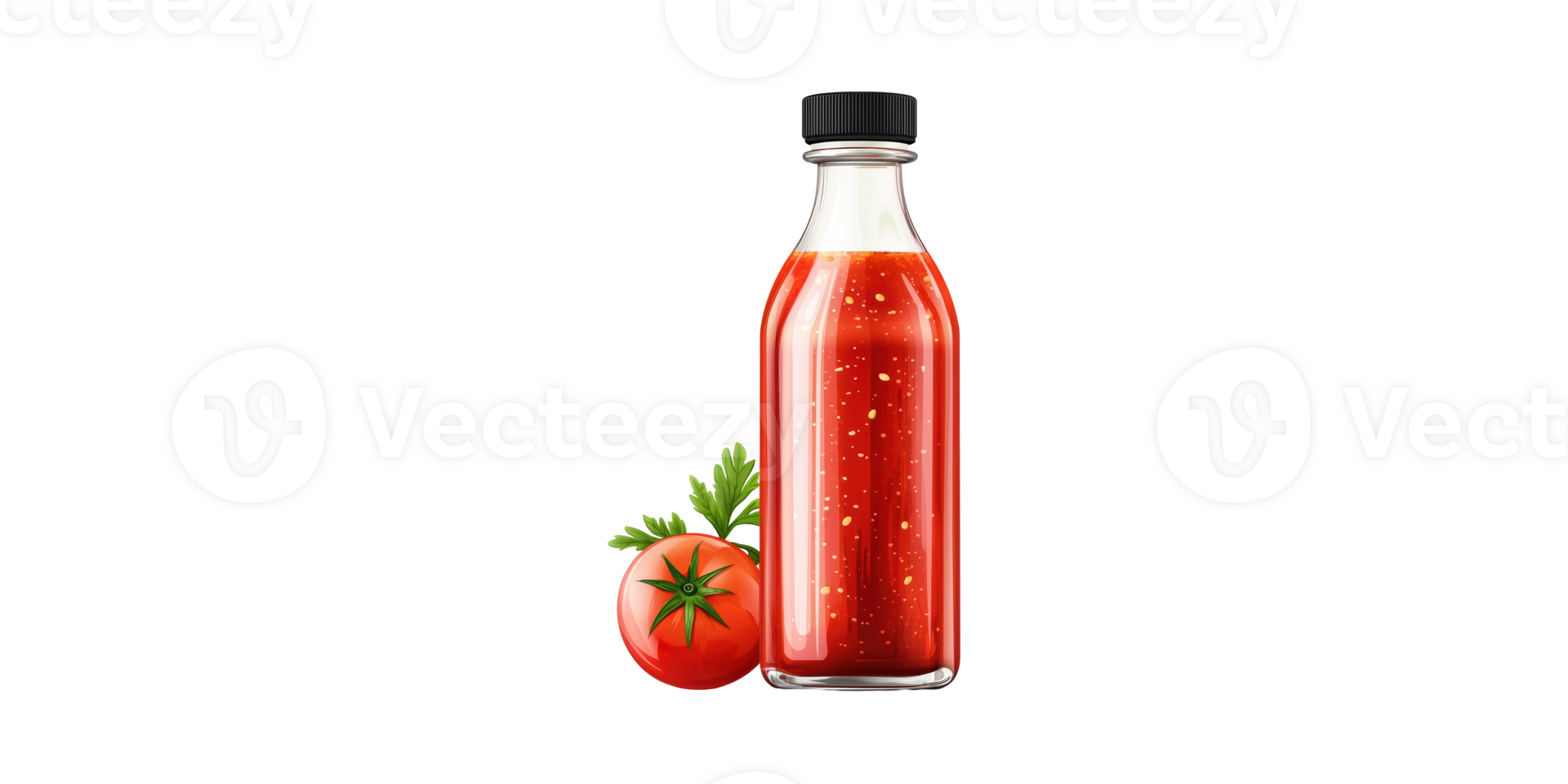 Bottle of tomato ketchup with fresh tomato and parsley isolated on transparent background png