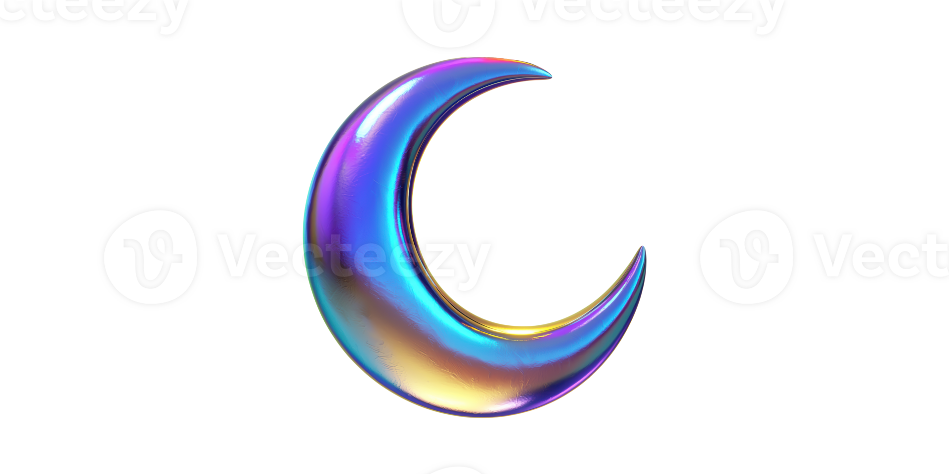 Iridescent crescent moon emblem featuring glossy surface on transparent background png