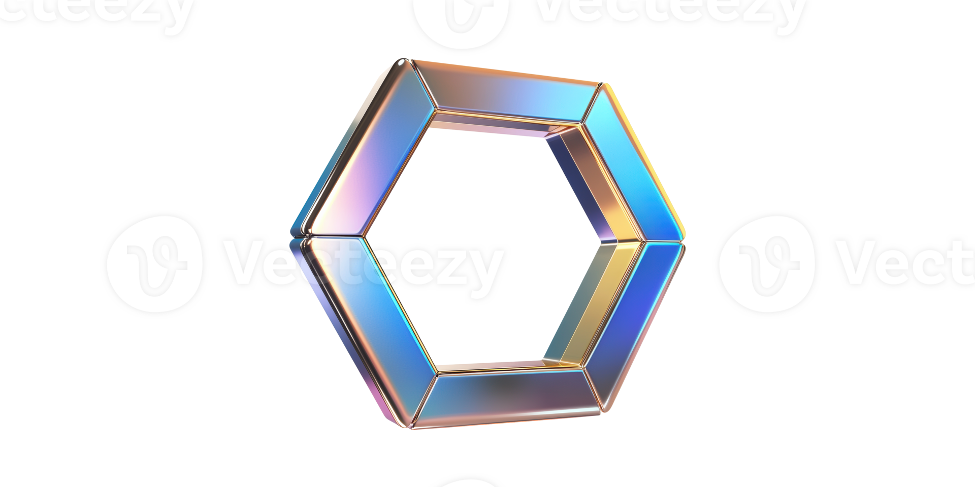 Metallic iridescent hexagonal frame isolated on transparent background png